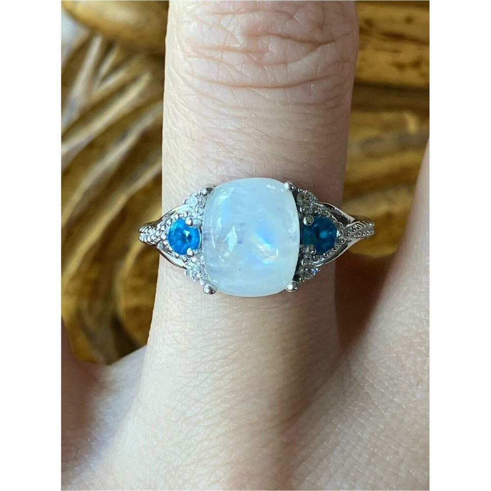 Rainbow Moonstone Blue Apatite Sterling Silver Ring Size 7.75